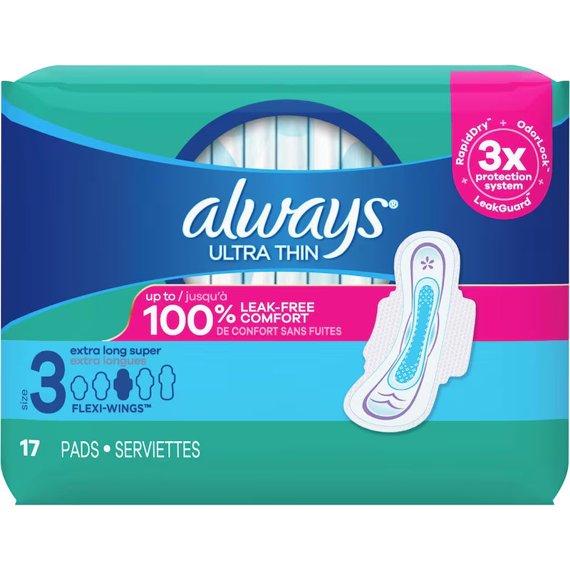 ALWAYS ULTRA THIN PADS SIZE 3 EXTRA LONG SUPER 17 pack of 6