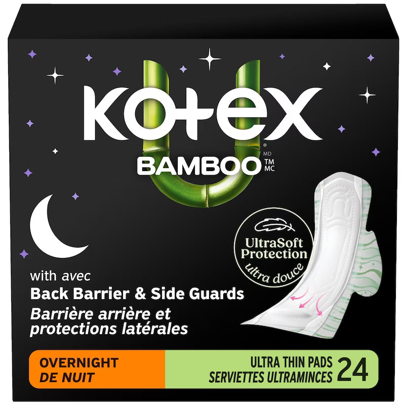 KOTEX BAMBOO PADS ULTRA THIN+WINGS OVERNIGHT 24 pack of 3