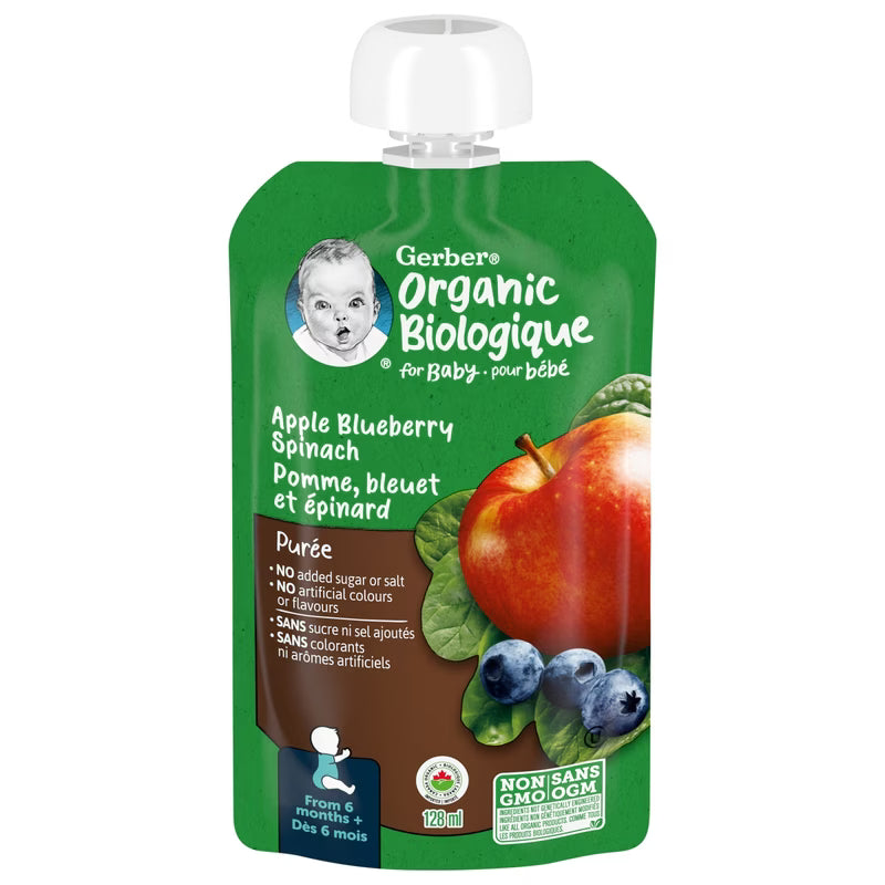 GERBER ORGANIC PUREE APPLE BLUEBERRY SPINACH 128ML pack of 12