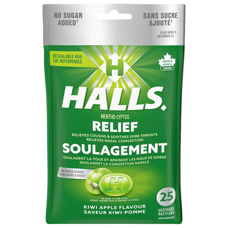 HALLS BAG LOZ MENTHO-LYPTUS KIWI/APL NSA 25PC LOZENGE pack of 12
