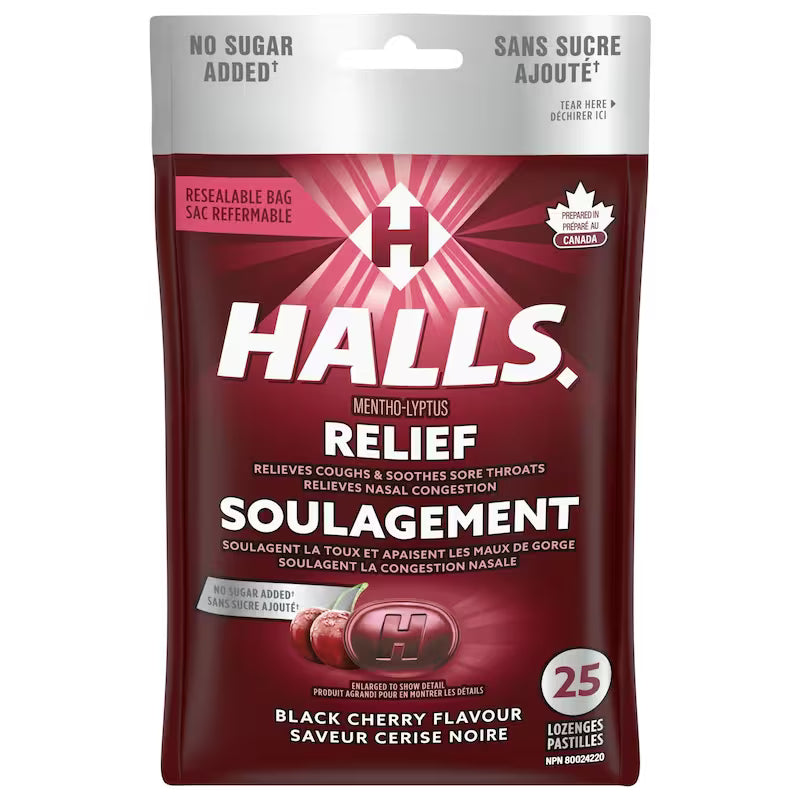 HALLS BAG MENTHO-LYPTUS BLACK CHERRY NSA 25PC LOZENGE pack of 12