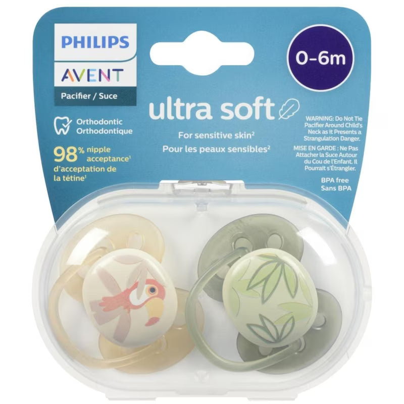 AVENT ULTRA AIR PACIFIERS TOUCAN/GRN LEAVES 0-6M 2 pack of 4