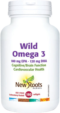 NEW ROOTS Wild Omega 3 180 mg EPA · 120 mg DHA · Ultrapure Pharmaceutical Grade 180 softgels