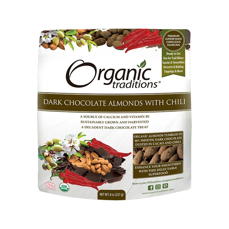 Organic Traditions Almonds, Dark Chocolate With Chili 227g