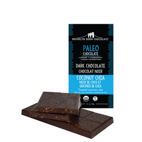 BROOKLYN BORN CHOCOLATE    Organic Paleo Choccolate Bars    BROOKLYN BORN CHOCOLATE    Organic Paleo Choccolate Bars    Org Dark Choc Coconut Chia 60g*12