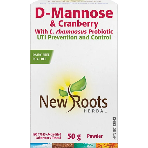 NEW ROOTS D-Mannose & Cranberry · With L. rhamnosus Probiotic 50 g