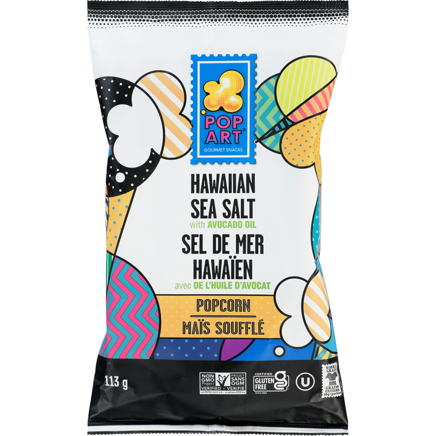 Pop Art Snacks Pop Art Popcorn (Bilingual) Flavour: Hawaiian Sea Salt with Avocado Oil
Container Size: 142 g Case of 9