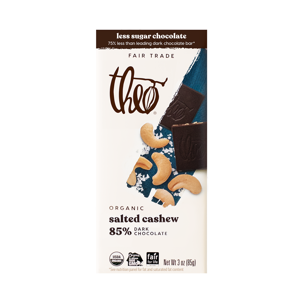 Theo Chocolate Bars Org Salted Cashew 85% Dark Chocolate 85G