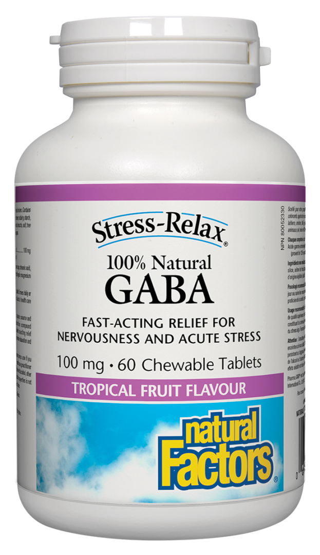 Natural Factors   100% Natural GABA 100 mg, Tropical Fruit Flavour, Stress-Relax®   60 chewschews