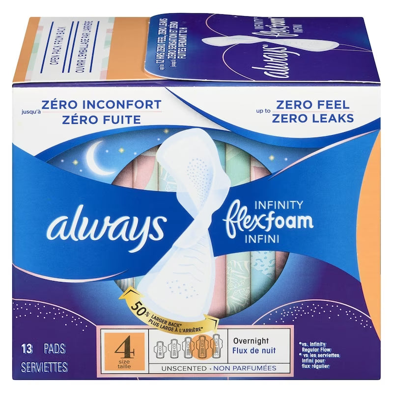 ALWAYS INFINITY OVERNIGHT UNSCENTED SIZE 4 13 pack of 6
