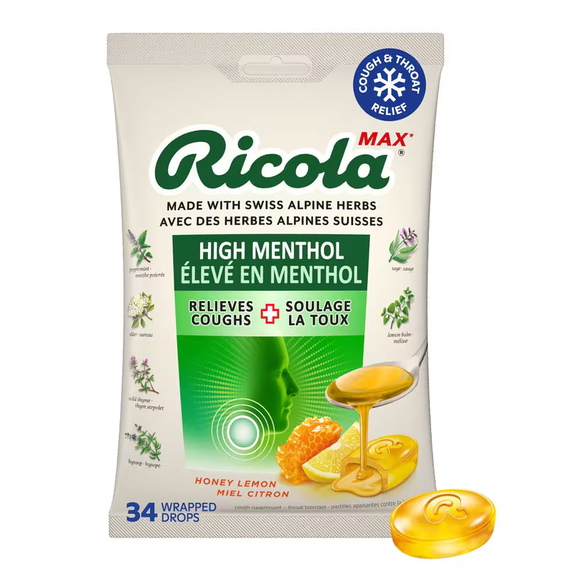 RICOLA LOZ HONEY LEMON MENTHOL CENTRES 34 LOZENGE pack of 6