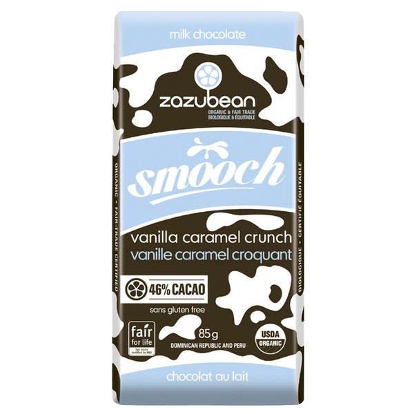 ZAZUBEAN ORGANIC CHOCOLATES OrgSmooch Van.CaramelCrunch 85g*12