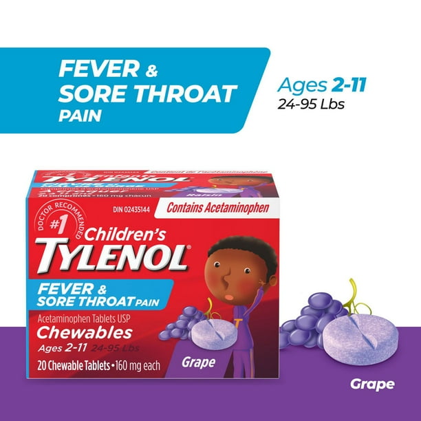 TYLENOL CHLD FEVER & THROAT PAIN GRAPE CHEW 20 TABLET