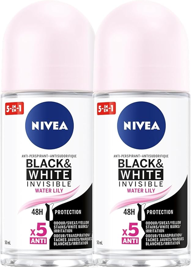 NIVEA Black & White Invisible 48H Protection Water Lily Anti-Perspirant Roll-On, 2x50ml