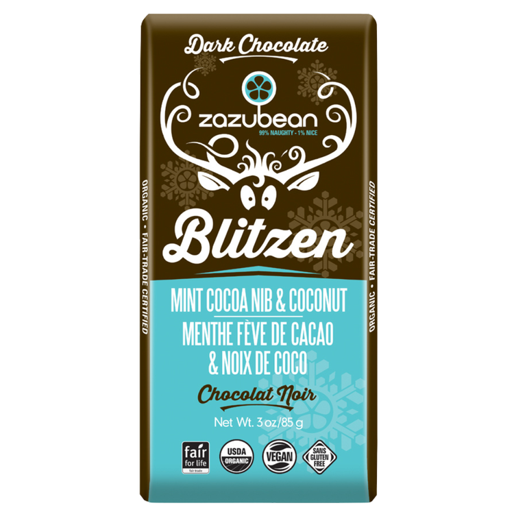 ZAZUBEAN ORGANIC CHOCOLATES Seasonal ZAZUBEAN ORGANIC CHOCOLATES Seasonal Org Blitzen Mint/CoconutDark85g*12