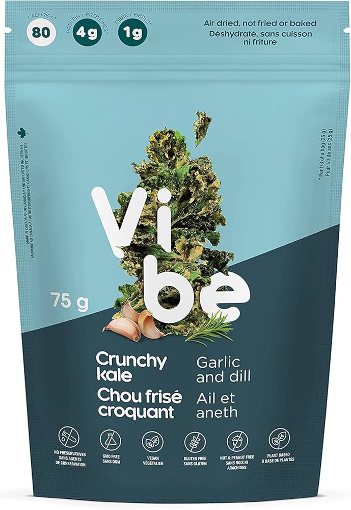 Vibe Foods Vibe Crunchy Kale Flavour: Garlic and Dill
Container Size: 75 g Pack of 12