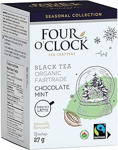 Four O'Clock Chocolate Mint Black Tea Organic Faitrade, Winter Collection, Kosher, Gluten Free, 15 Teabags