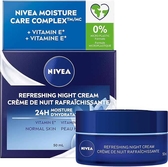 NIVEA Refreshing Night Face Cream, 24H Moisture for Normal Skin, 50ml | Night face moisturizer with Vitamin E