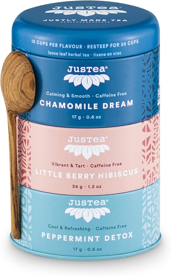 JUSTEA -   Herbal Tea Trio Tins (Chamomile Dream, Berry Hibiscus, Peppermint Detox)    68g