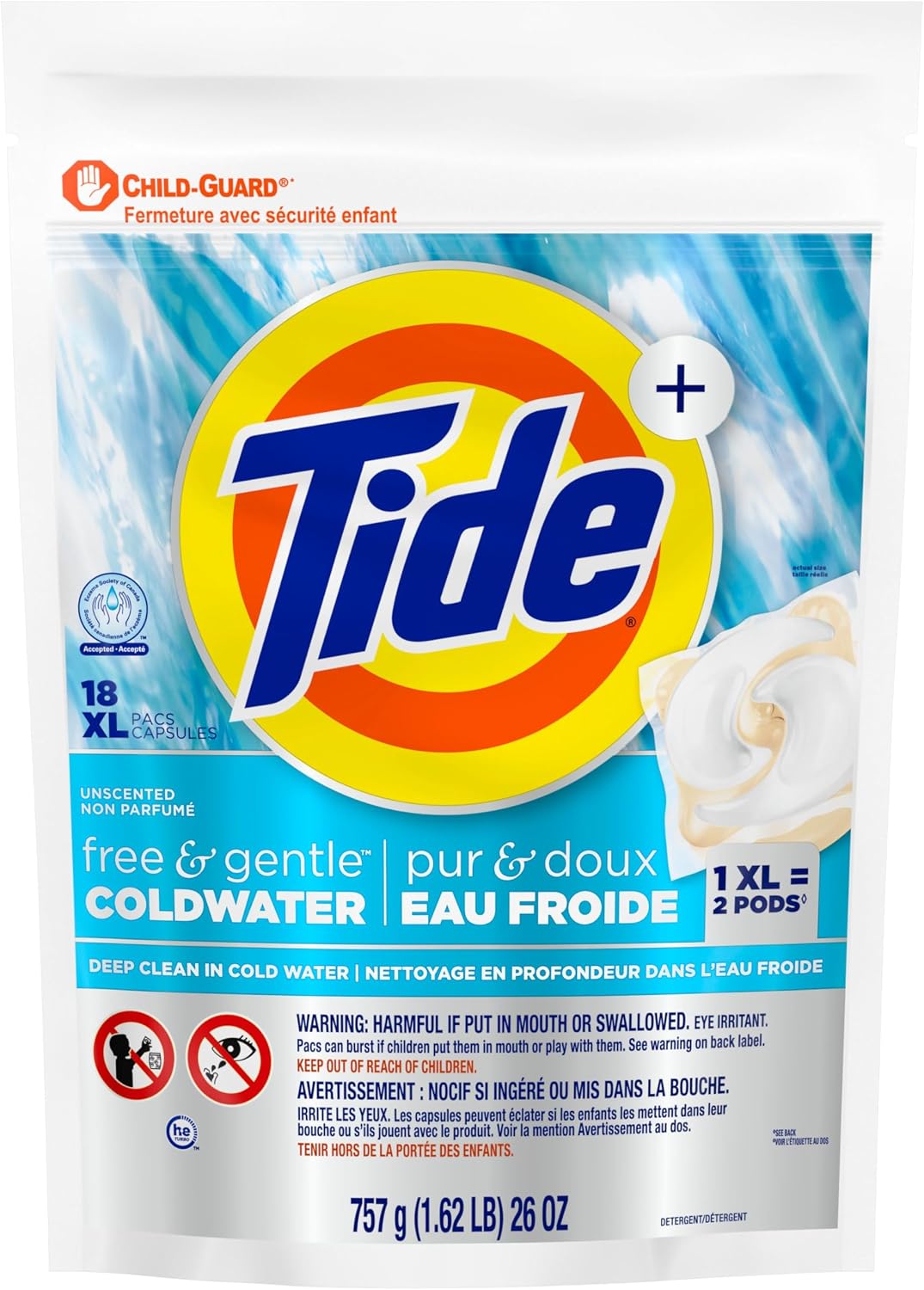 TIDE POWER PODS FREE&GENTLE COLDWATER 18 pack of 4