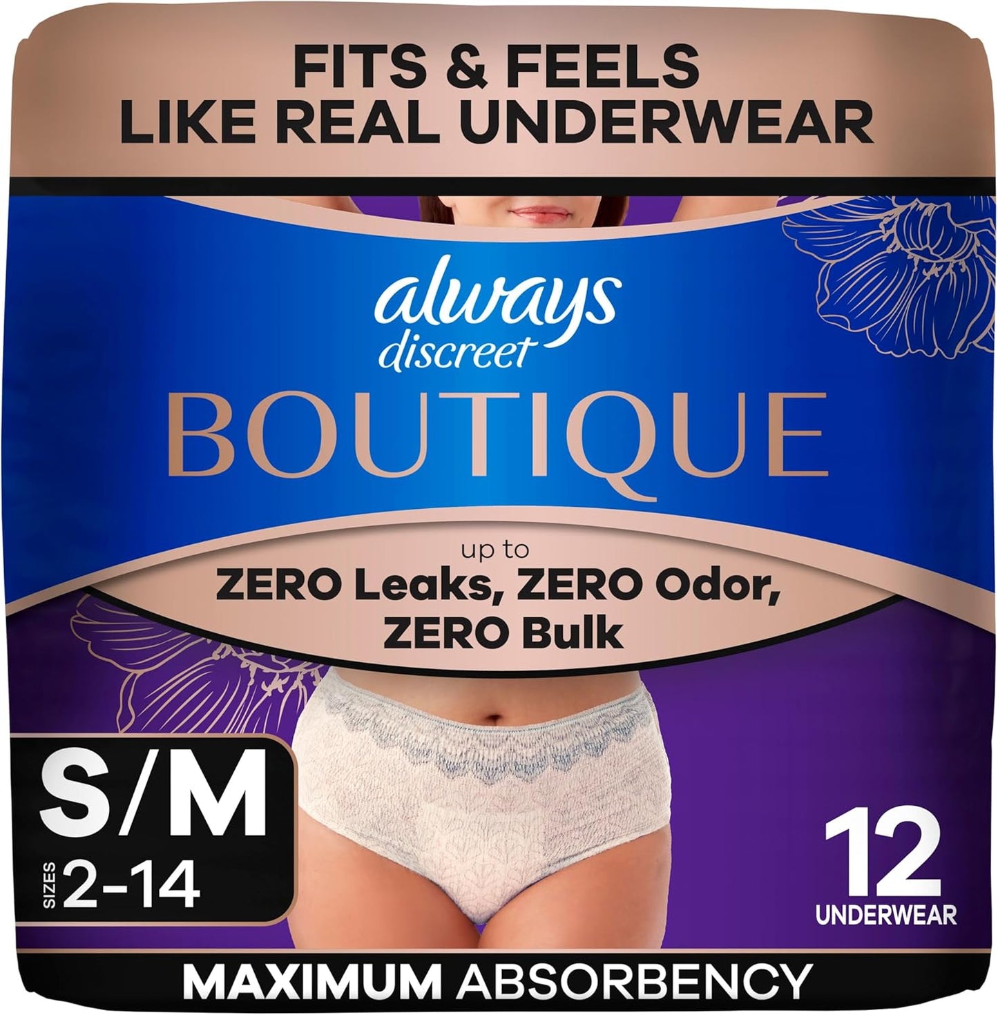 ALWAYS DISCREET UNDERWEAR SMALL/MEDIUM MAXIMUN 12 pack of 2