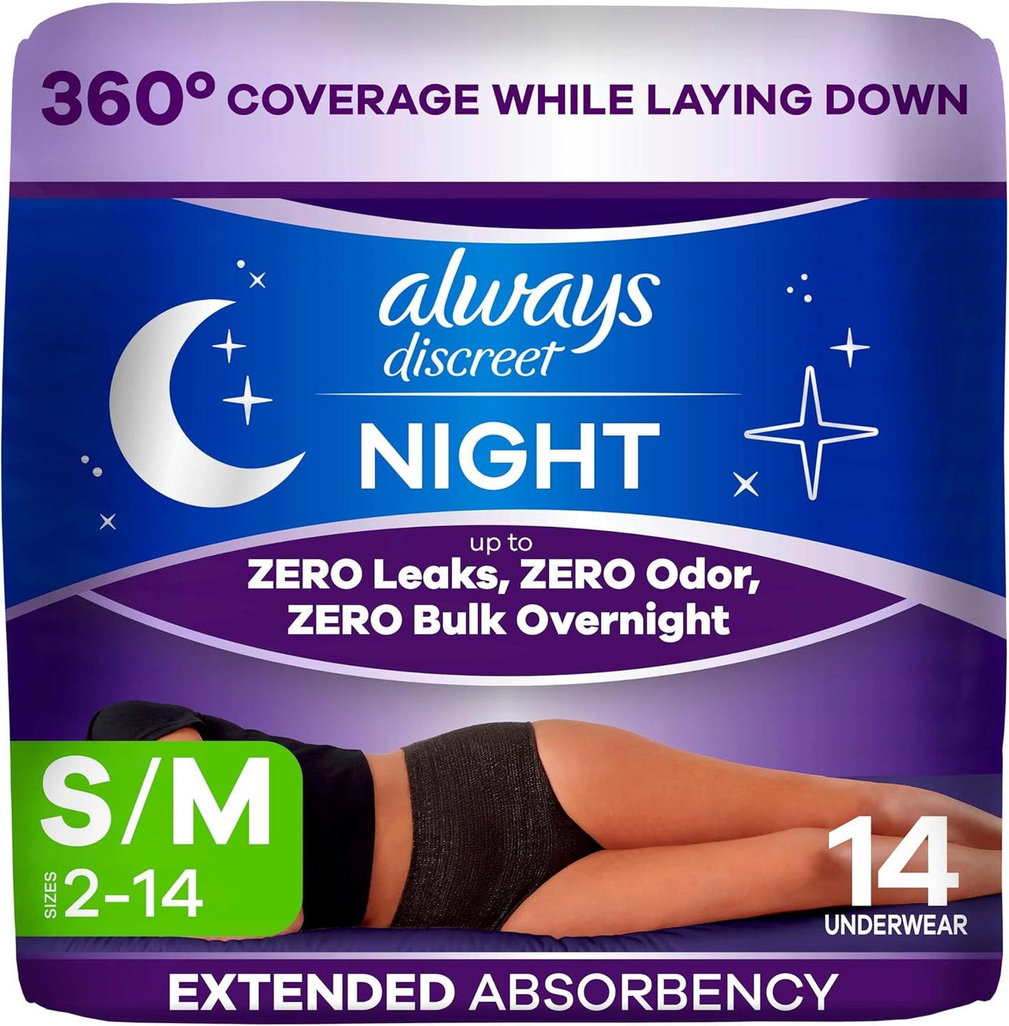 ALWAYS DISCREET YNDERWEAR NIGHT SM/MD 14 pack of 2