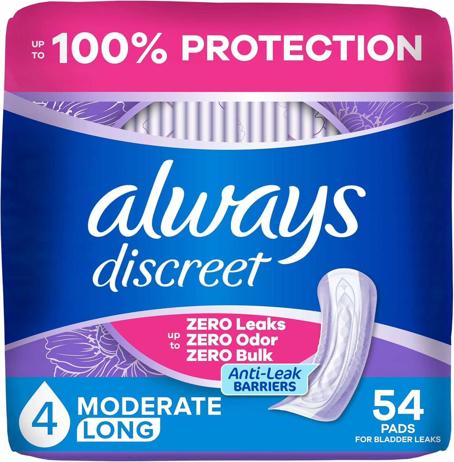 ALWAYS DISCREET PADS MODERATE LONG LG 54 pack of 2