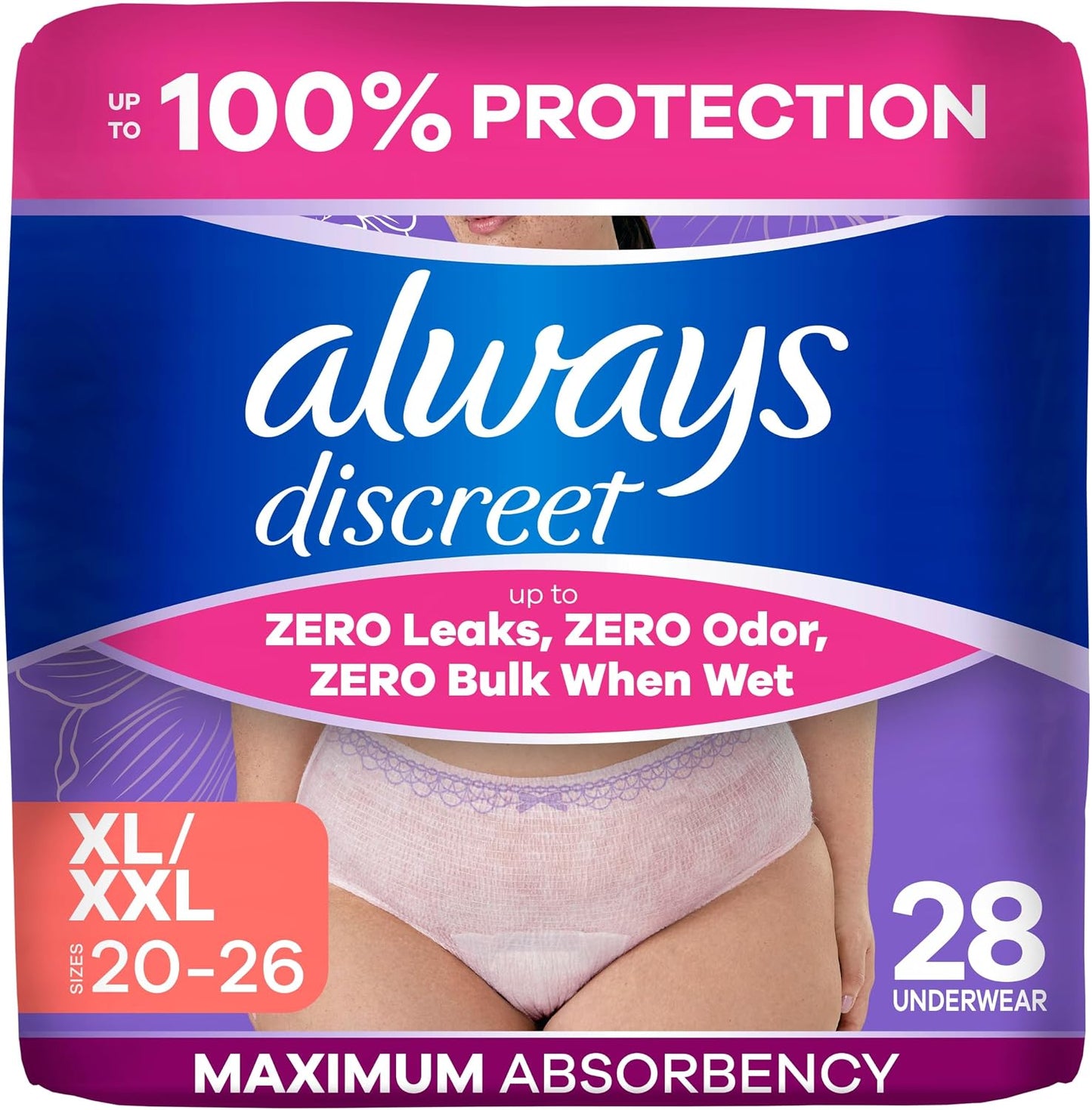 ALWAYS DISCREET UNDERWEAR MAXIMUM XL 28 pack of 2