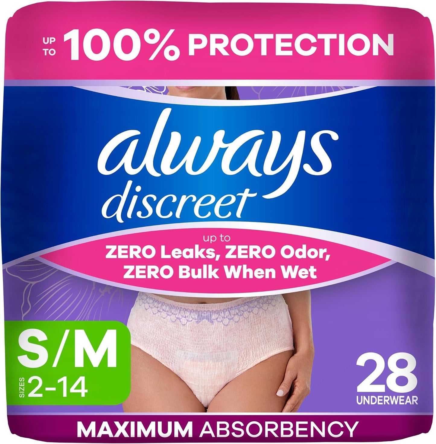ALWAYS DISCREET UNDERWEAR MAXIMUM SM/MD 28 pack of 2