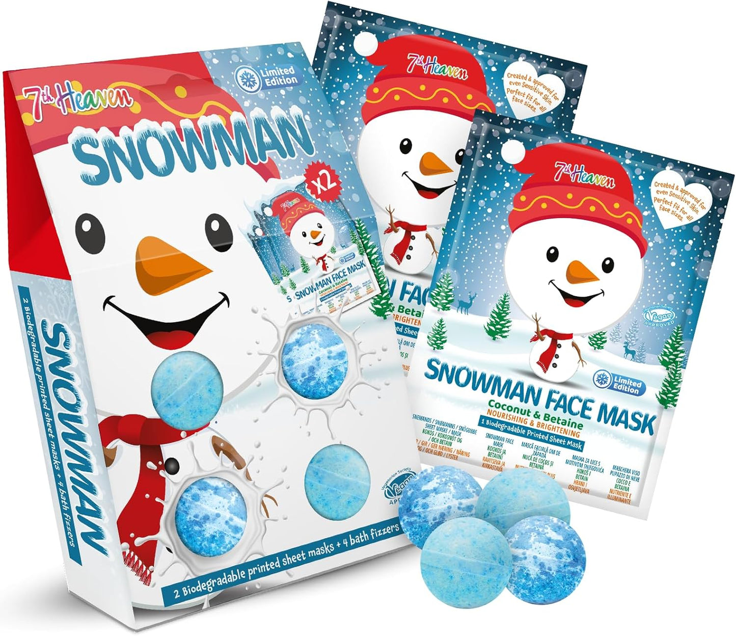 7TH HEAVEN SET 2 MASKS & 4 BATH FIZZERS SNOWMAN