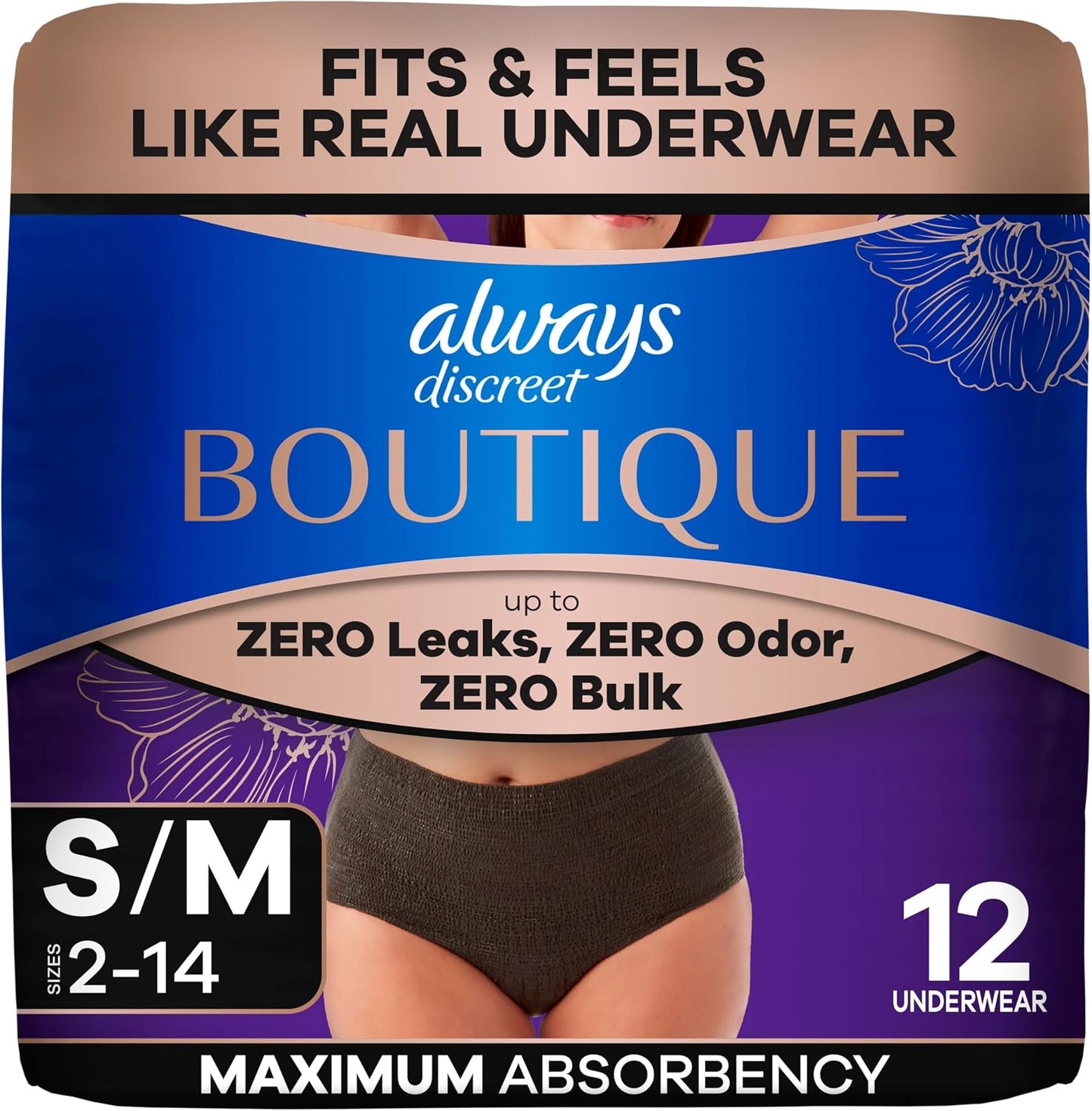 ALWAYS DISCREET BOUTIQUE MAX PROT BLACK SM/MD 12 pack of 2