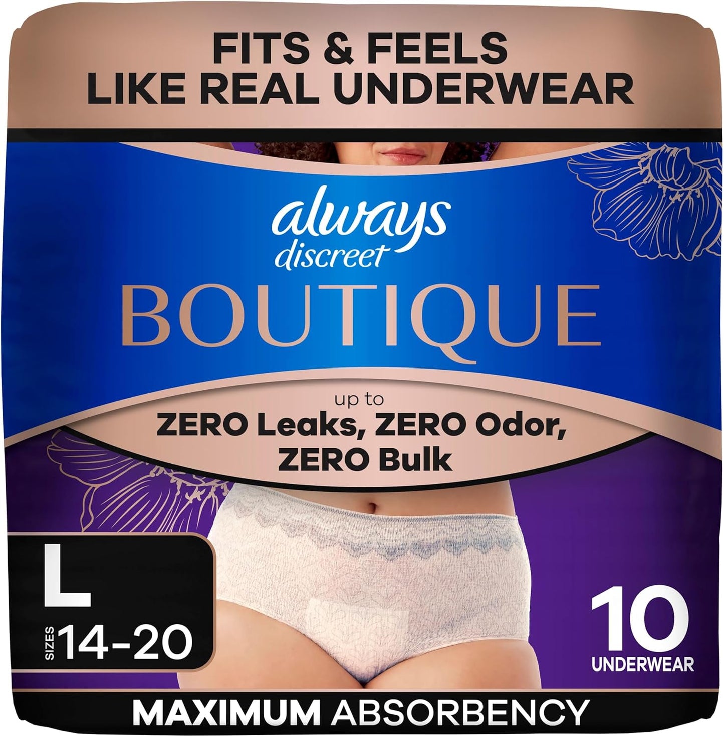 ALWAYS DISCREET BOUTIQUE UNDERWEAR LG MAXIMUM 10 pack of 2