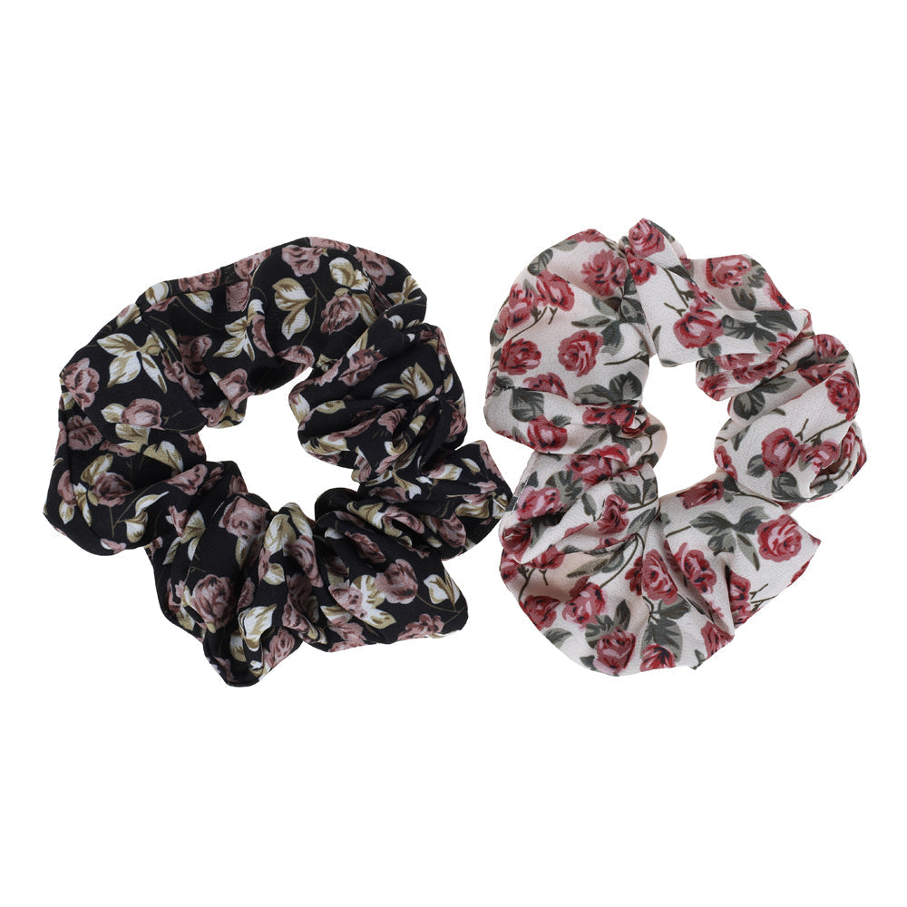 BASICARE SCRUNCHY, BLACK/PINK FLOWERS 2PK