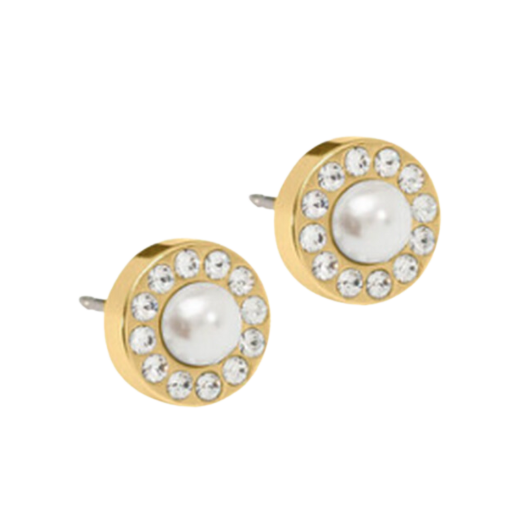 Blomdahl Earrings Gold Titanium Brilliance Halo White Pearl Stud Earrings - 6mm