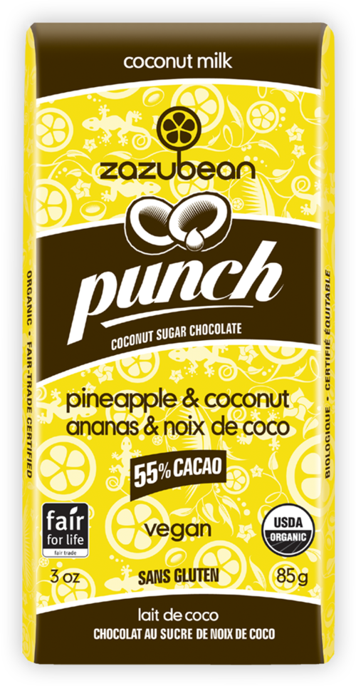 ZAZUBEAN ORGANIC CHOCOLATES Dark Chocolate Bars Gluten Free ZAZUBEAN ORGANIC CHOCOLATES Dark Chocolate Bars Gluten Free Org Punch P/apple & Coconut 85g*12