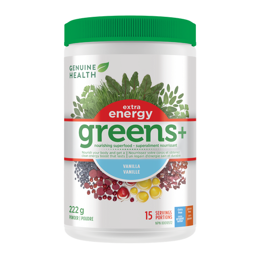 Genuin Health   greens+ extra energy vanilla, 15 servings