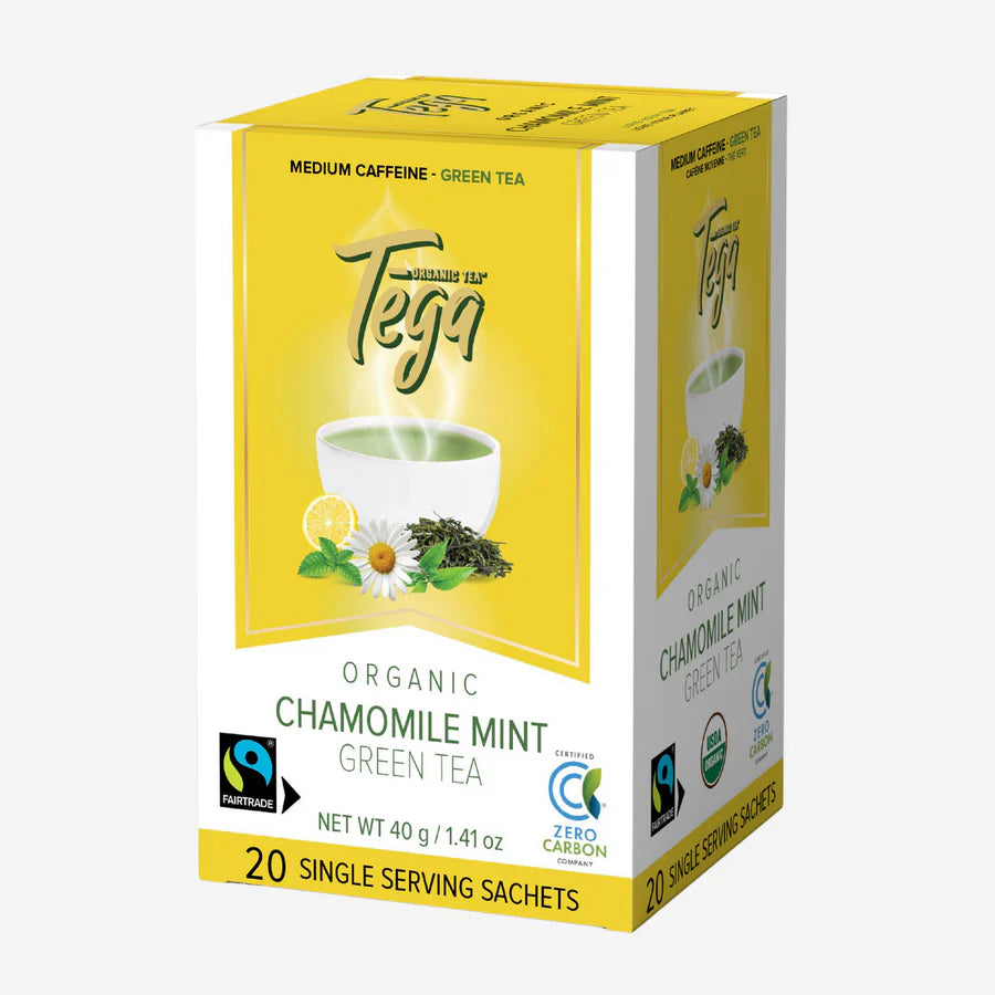 Tega Organic Tea Organic Chamomile Mint Citrus Green Tea - Medium Caffeine - Fairtrade - 20ct 20 single serving sachets