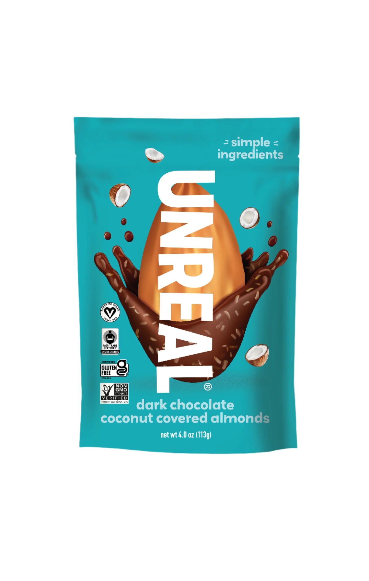 Unreal dark chocolate coconut covered almonds packaging on a blue background