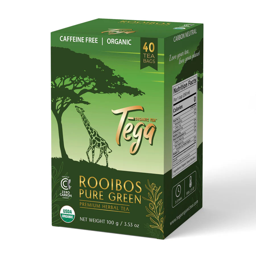 Tega Organic Tea Organic Rooibos Pure Green - Caffiene Free - 100 g - 40ct 40 single serving sachets