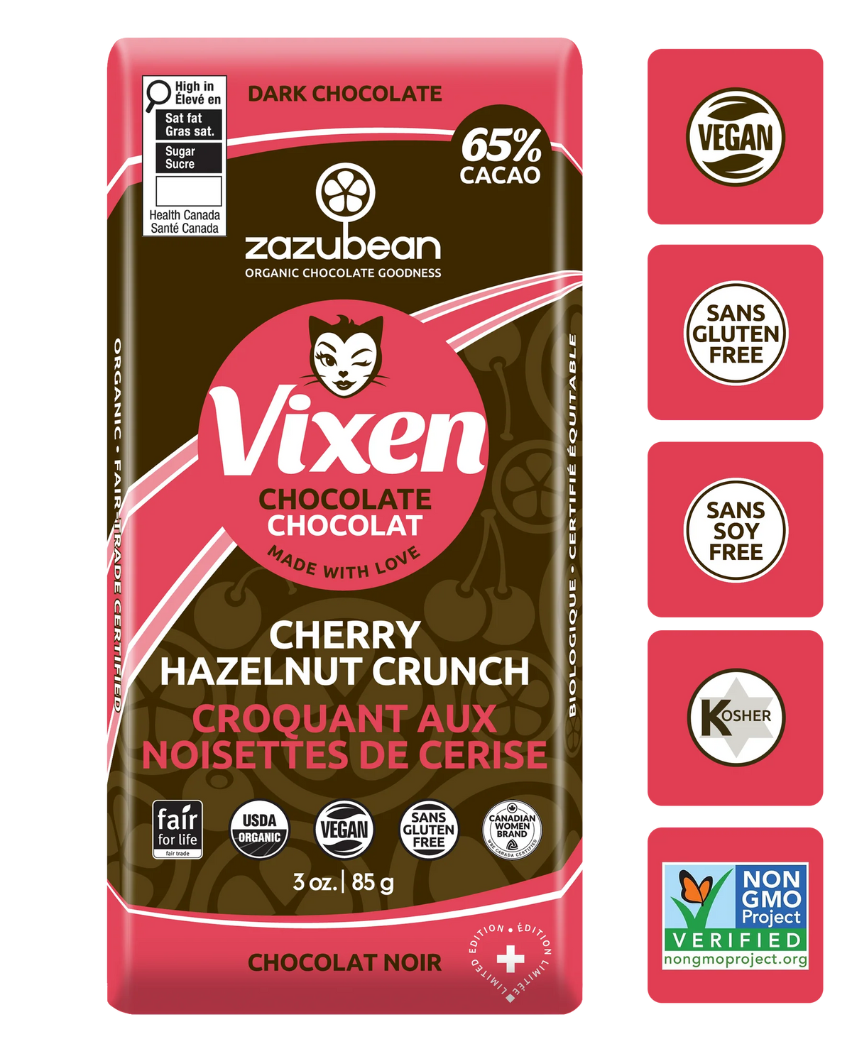 Zazubean Organic Chocolates - Organic Valentine Vixen Cherry / Hazel 85g (Case of 12)