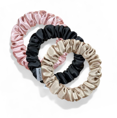 HoneyLux MINI Organic Silk Scrunchie 3-Pack (Black, Champagne, Pink)