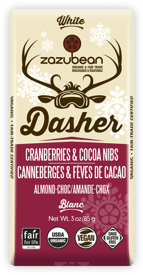 ZAZUBEAN ORGANIC CHOCOLATES Seasonal ZAZUBEAN ORGANIC CHOCOLATES Seasonal Org Dasher Cran/Cocoa White 85g*12