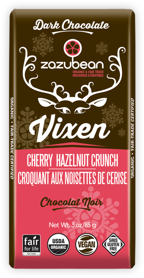 ZAZUBEAN ORGANIC CHOCOLATES Seasonal ZAZUBEAN ORGANIC CHOCOLATES Seasonal Org Vixen Cherry/Hazel Dark 85g*12