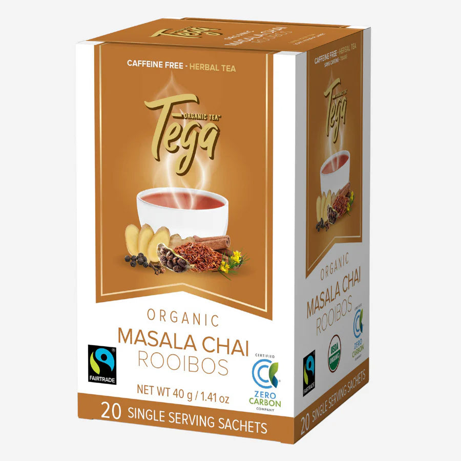 Tega Organic Tea Organic Masala Chai Rooibos - Caffeine Free - Fairtrade - 20ct 20 single serving sachets