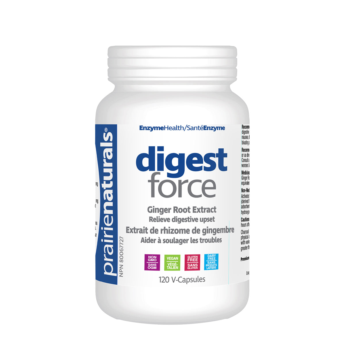 PrairieNaturals Digest-Force Activated Coconut Charcoal & Ginger Root Extract 120 V-Caps