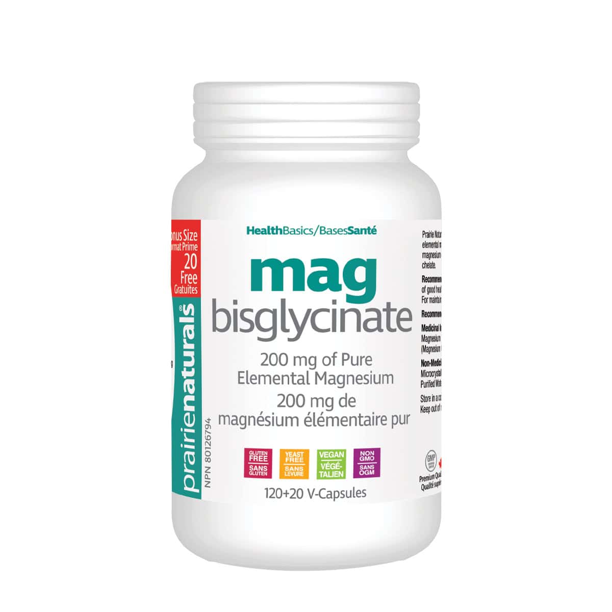PrairieNaturals NEW! BONUS Magnesium Bisglycinate 200 mg 120 + 20 V-caps