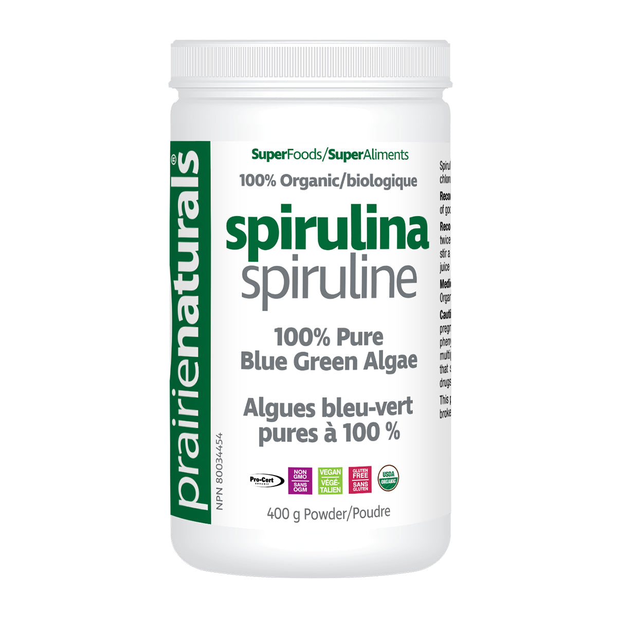 Prairie Naturals Organic Spirulina Blue Green Algae Powder - 400 Gram
