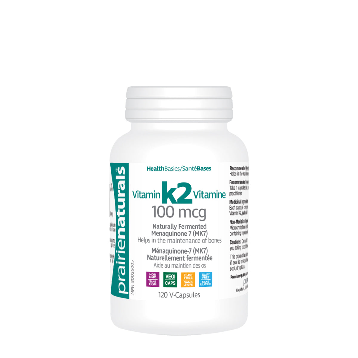 Prairie Naturals Vitamin K2 Mk-7 100mcg helps in the maintenance of bones - 120 Vegan capsules