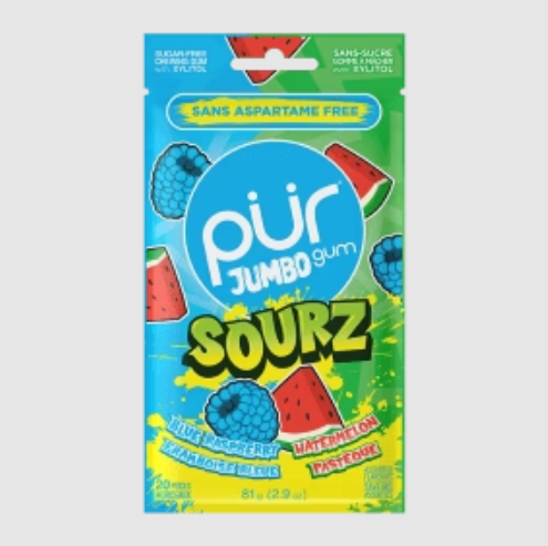 PUR SOURZ Jumbo gum - Blue Rasp & Watermelon 20 pieces - 81g