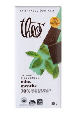 Theo Organic Chocolate Bars Org Dark Chocolate, Mint 70% 85G